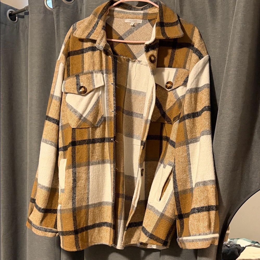 Checked Utility Shacket Jacket in Cream & Mustard
